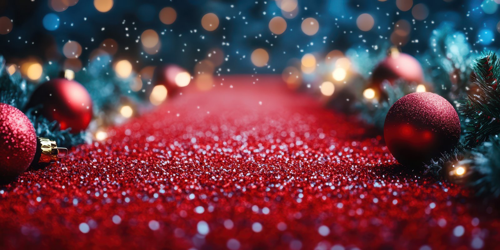 Festive decor with red ornaments and sparkling lights on a winter evening pathway